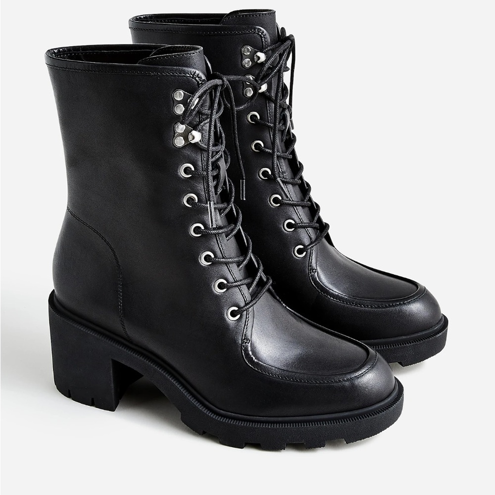J. Crew Black Leather Ankle Boots Lug Motorcycle Rare Imported